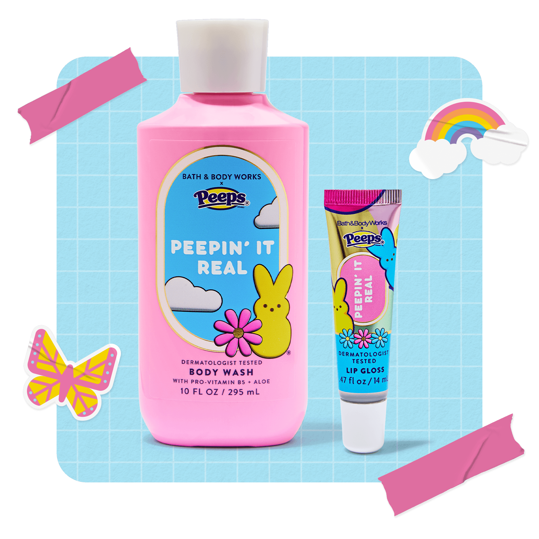 A pink bottle of Bath & Body Works x Peeps body wash and a matching tube of lip gloss displayed against a blue grid background with stickers.