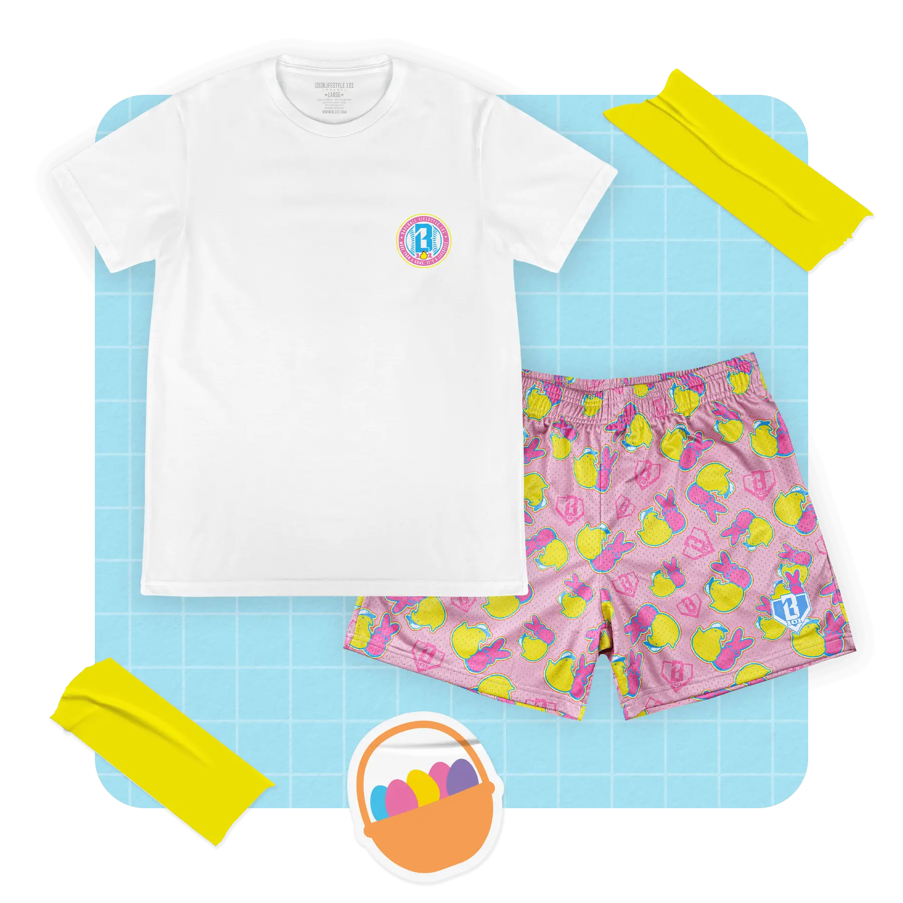 Flat lay of white t-shirt, pink patterned shorts, and Easter basket graphic on a blue grid background.