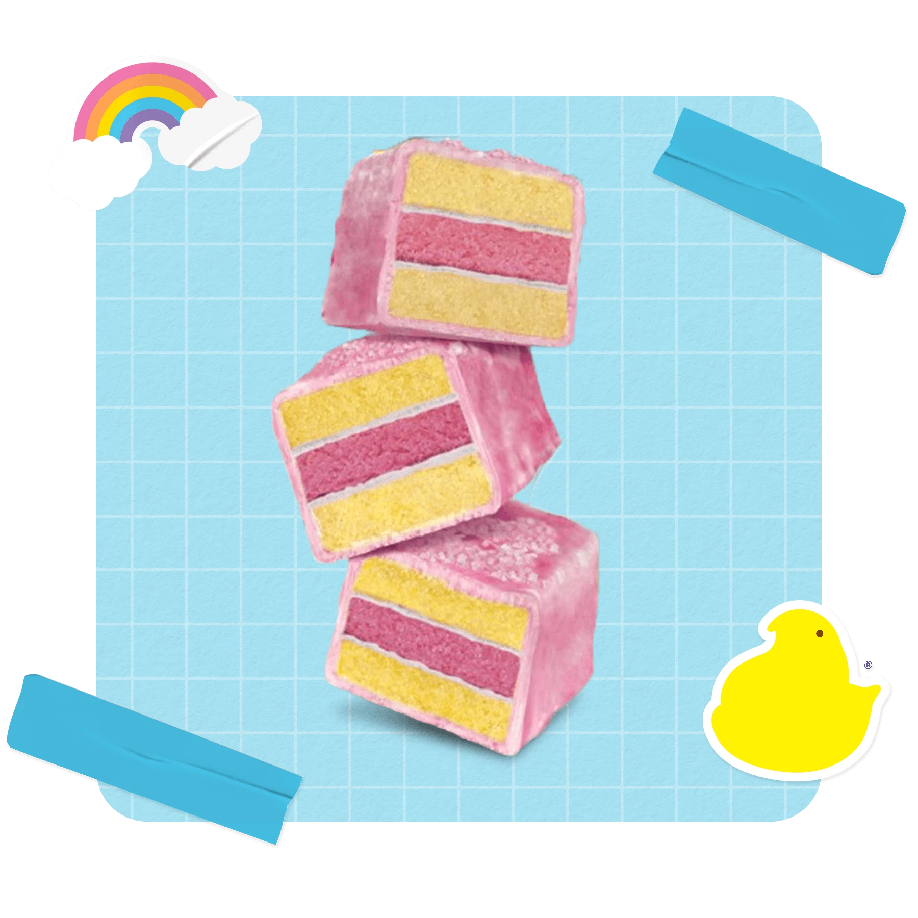 A stack of three square pink cake bites with yellow and pink layers, set against a blue grid background with stickers.