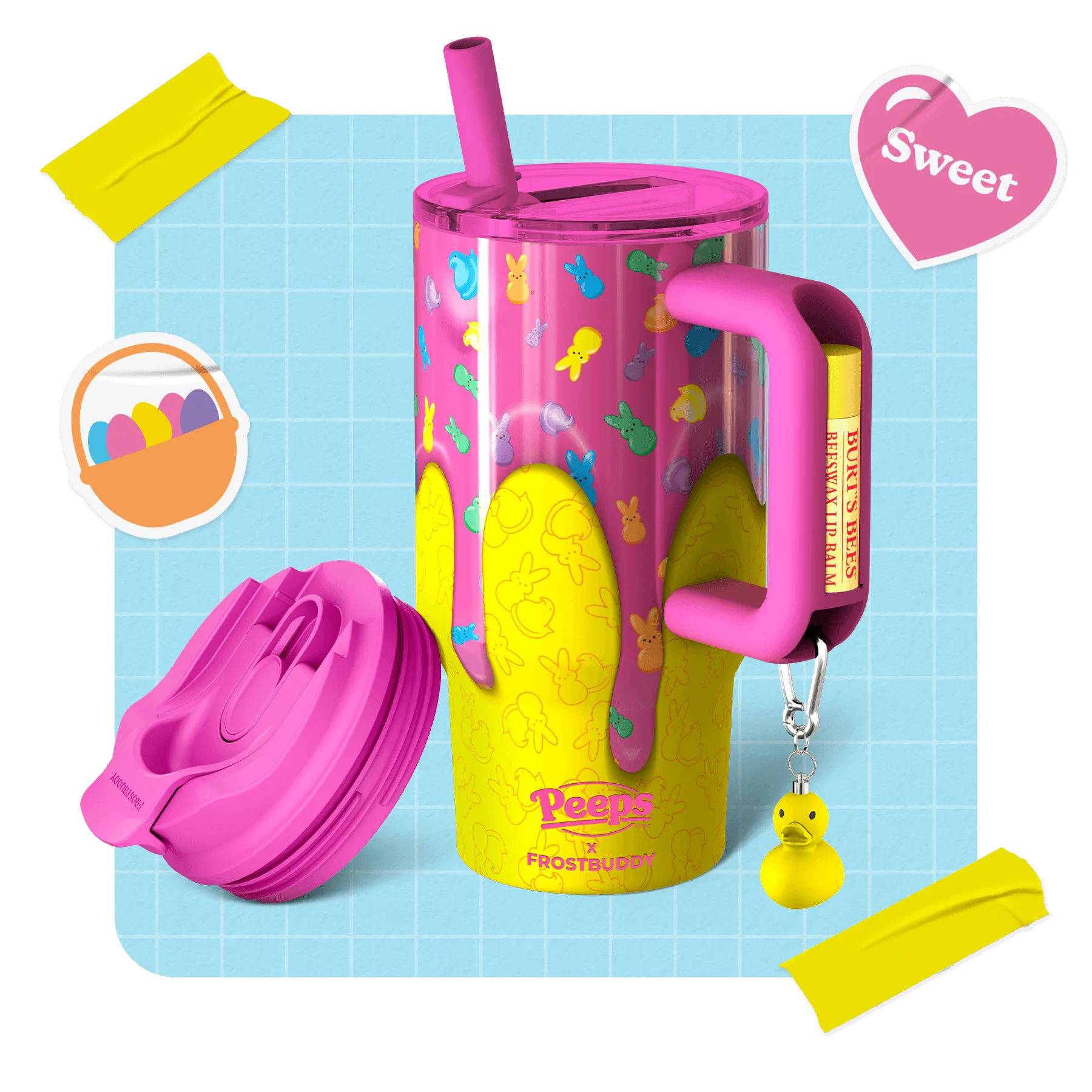A vibrant pink and yellow Peeps-themed tumbler featuring bunny patterns, a lip balm attachment, a rubber ducky charm, and decorative stickers.