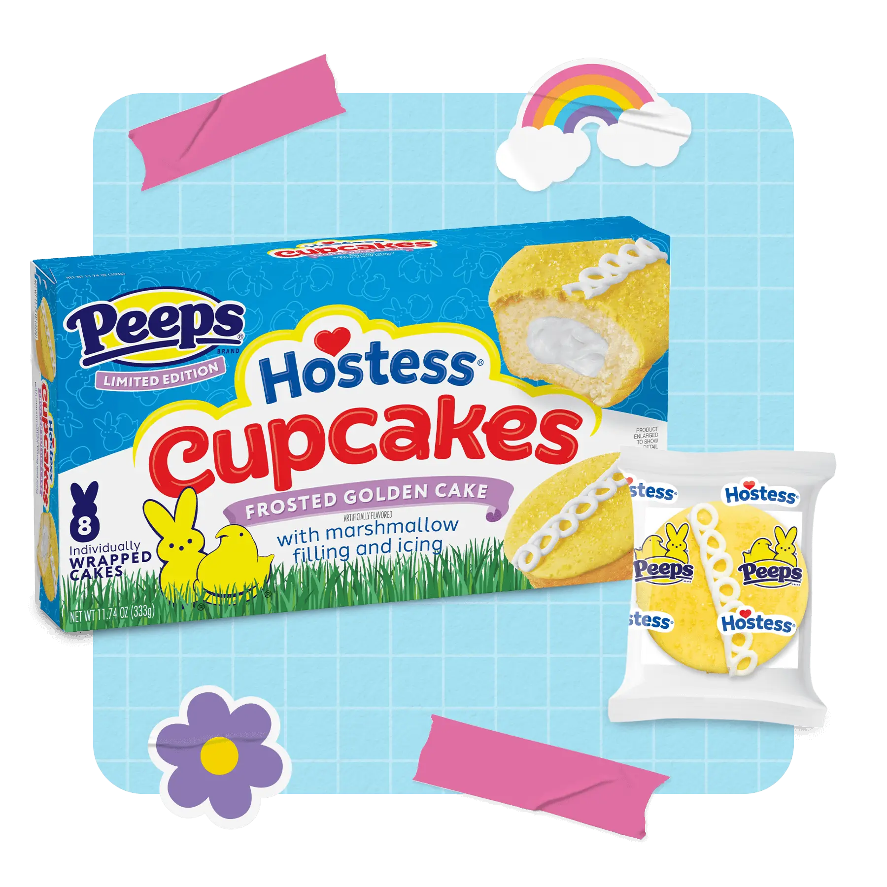 A box of Peeps Hostess Cupcakes next to an individually wrapped cake, featuring marshmallow filling and icing.