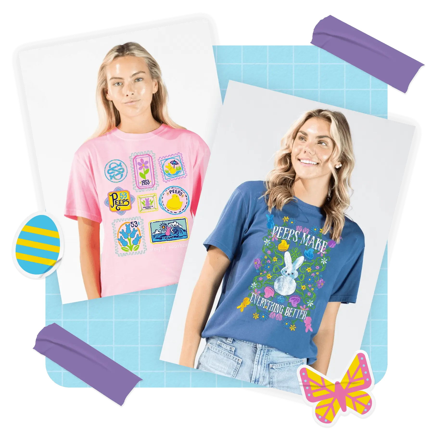 Two women wearing Peeps brand t-shirts, one pink and one blue, in a decorative collage with Easter-themed stickers.
