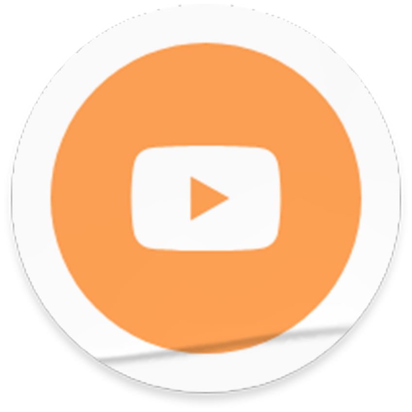 A circular icon featuring an orange circle on a white background, with a white YouTube play button icon in the center.